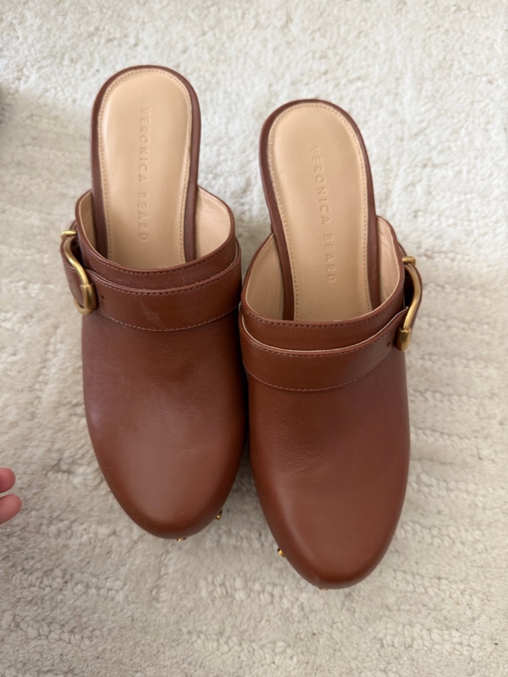 Veronica Beard Cognac Leather Mule Slides with Buckle Accent